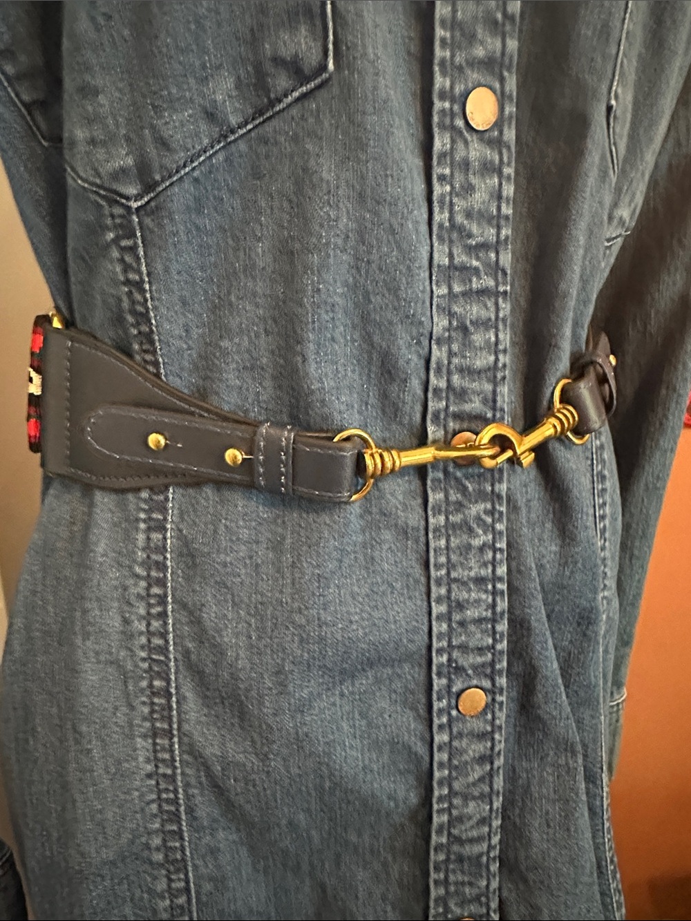 Southwestern inspired navy blue leather brass tone clasps medallions belt/strap - Picture 2 of 15